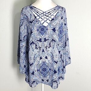Sami & Jo Light Blue & Navy Blue Top with Criss-Cross Lattice Neckline, Size 1X